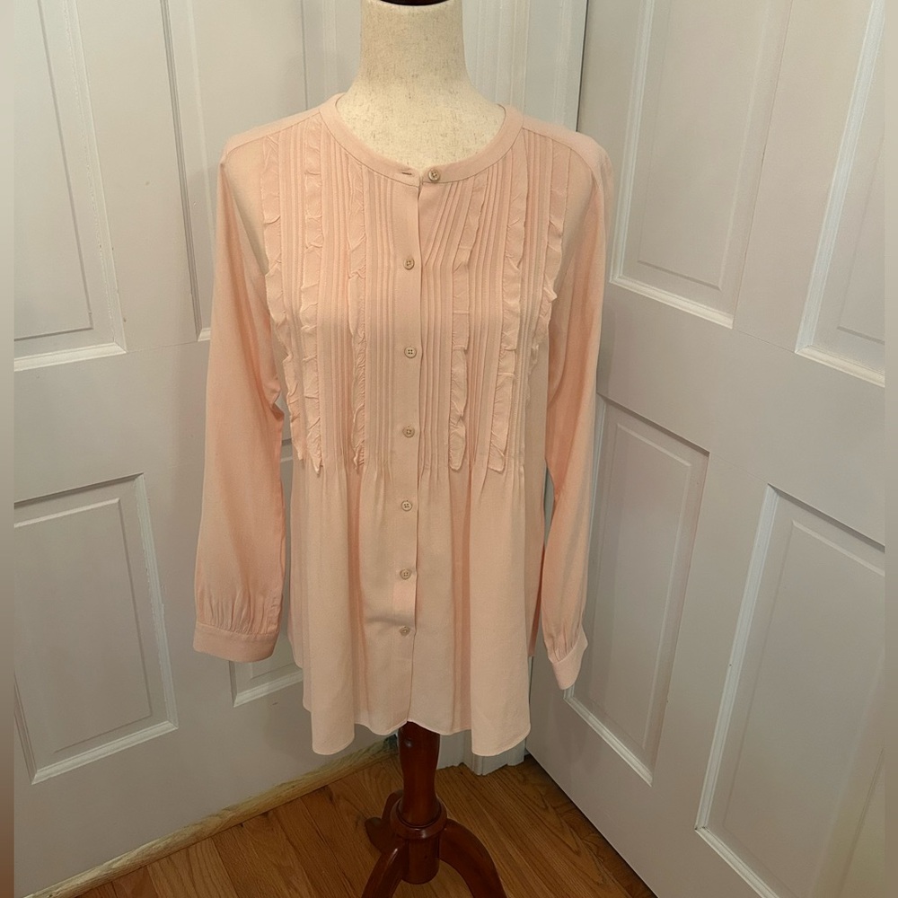 SUNDANCE Vineyard Ruffle LS Button-Up Shirt‎ Tunic-Style Women Sz Sm Blush Pink